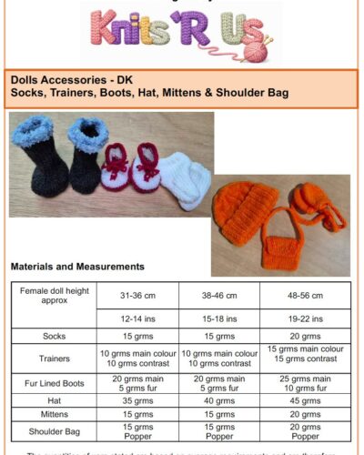 Dolls Knitted Accessories Pattern – Boots, Socks, Trainers, Hat, Mittens & Shoulder Bag- Knitting Pattern – Instant PDF Download
